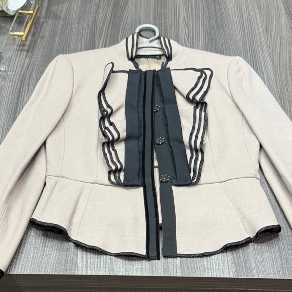 Zara Cream and Black Ruffle Suit Jacket (wool)